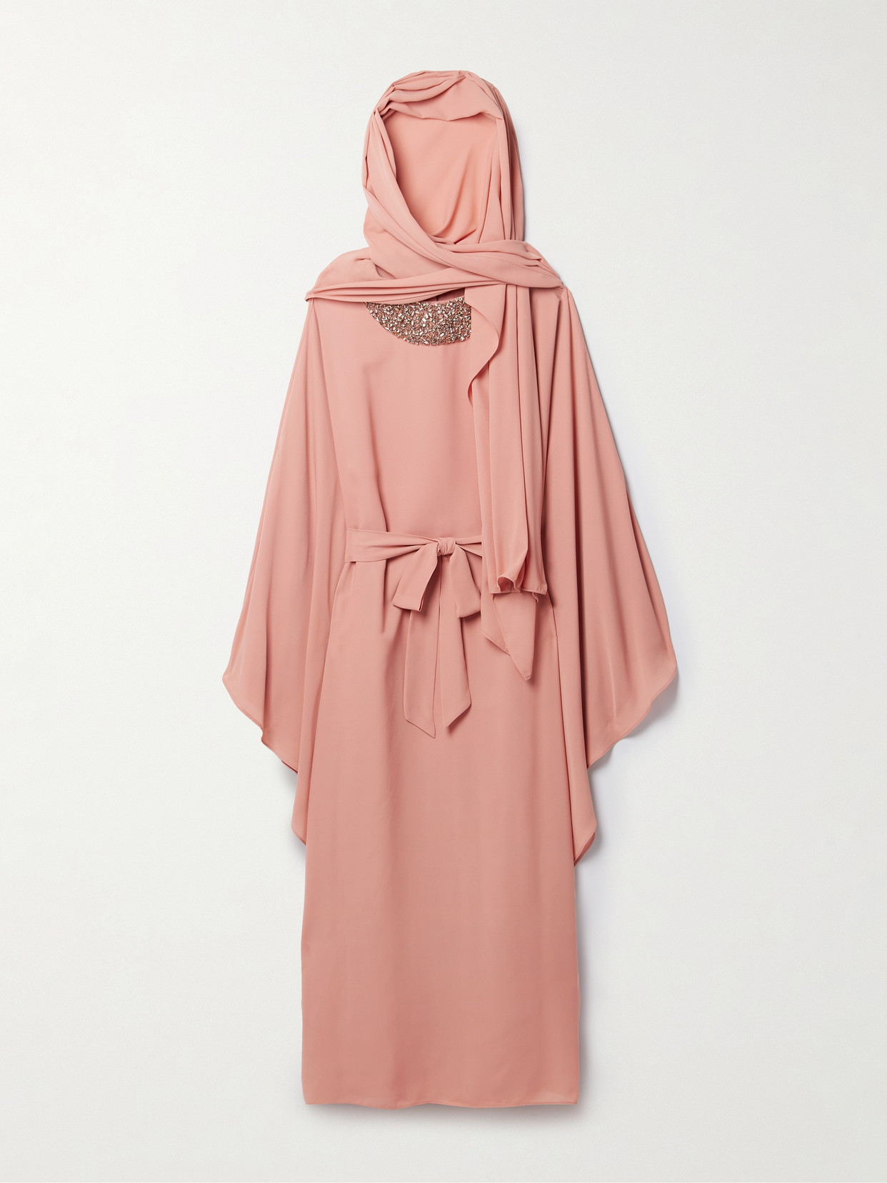 Simkhai Belted Crystal-embellished Crepe Kaftan In Pink