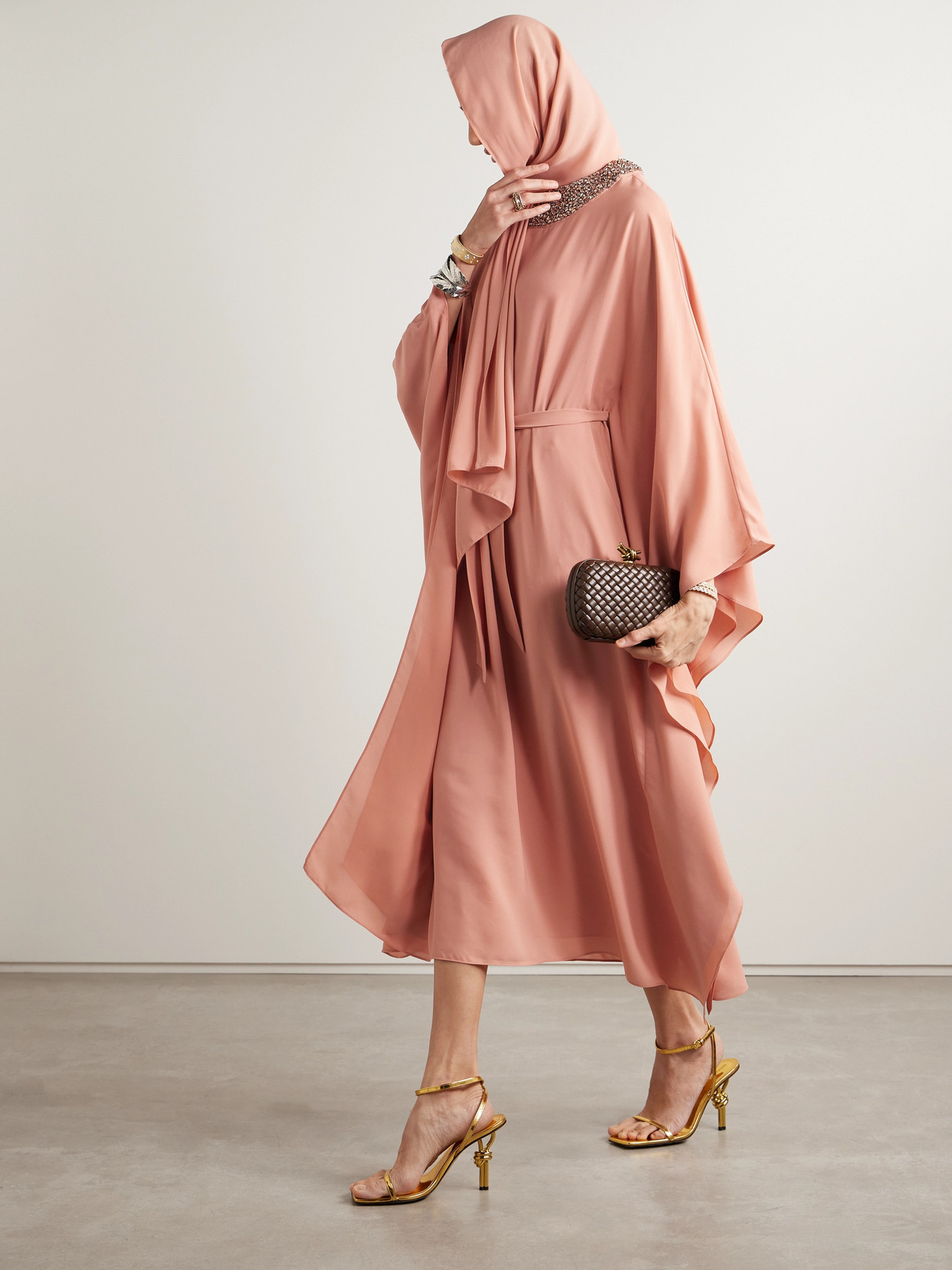 Shop Simkhai Belted Crystal-embellished Crepe Kaftan In Pink