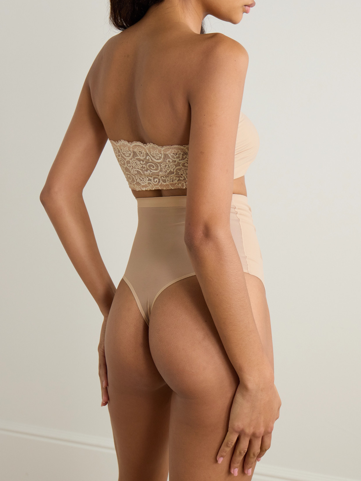 Commando Luxe Control Stretch Mesh-trimmed Tech-jersey Thong In Neutrals