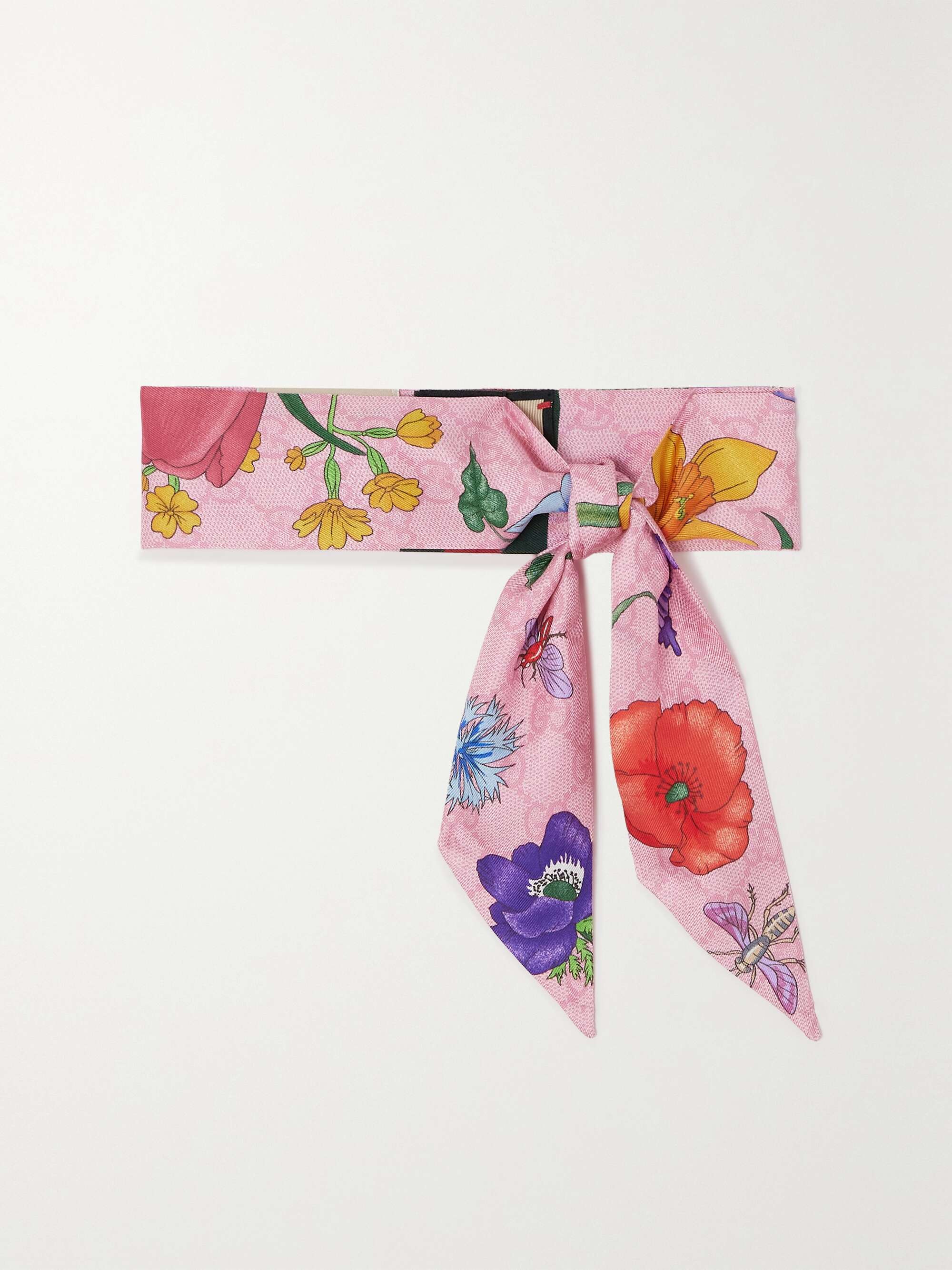 Neutral Colored Silk Twill Tie Scarf With Floral Detailing