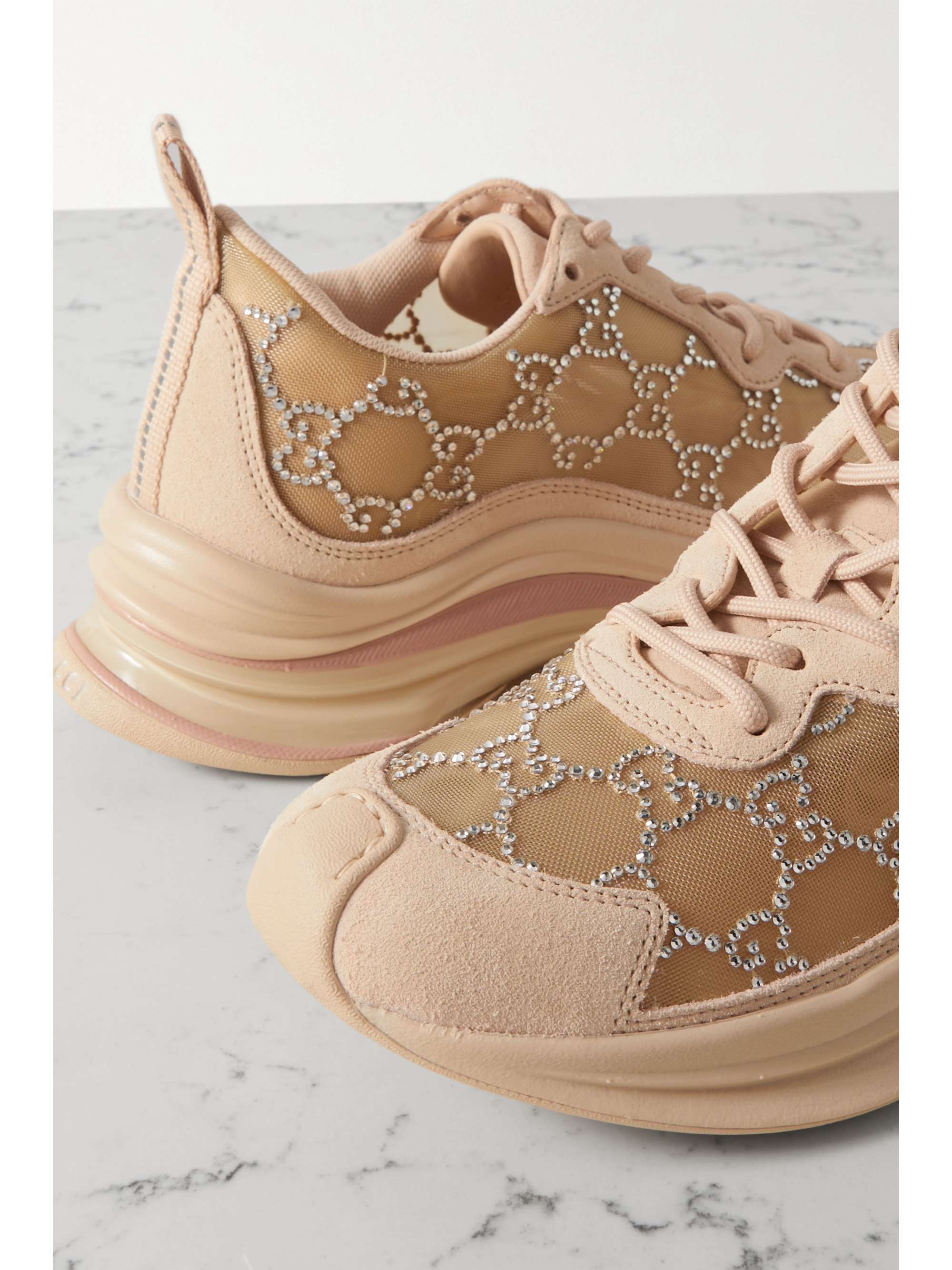 GUCCI Run GG suede trimmed crystal embellished mesh sneakers NET