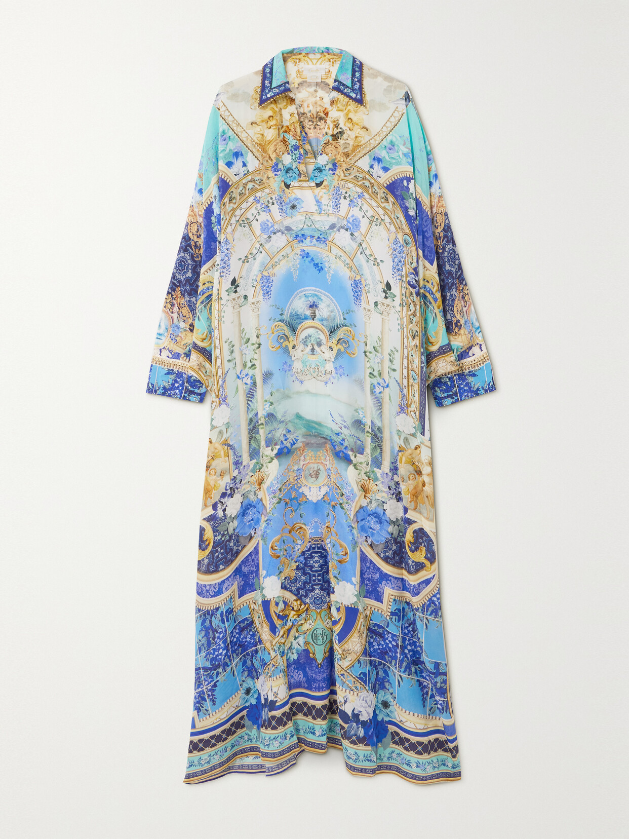 Camilla Crystal-embellished Printed Silk-georgette Kaftan - Blue