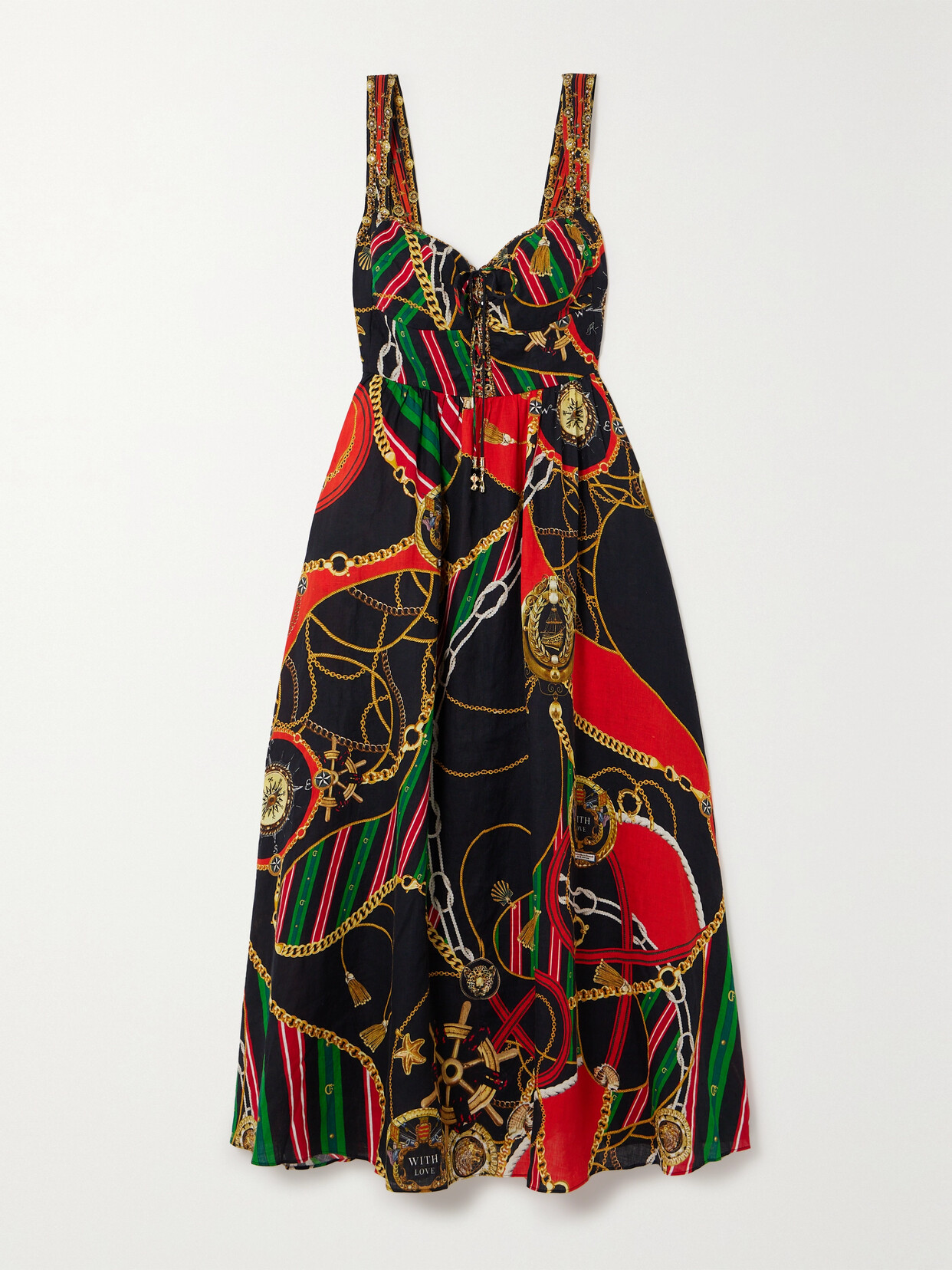 CAMILLA | Embellished Printed Linen Maxi Dress