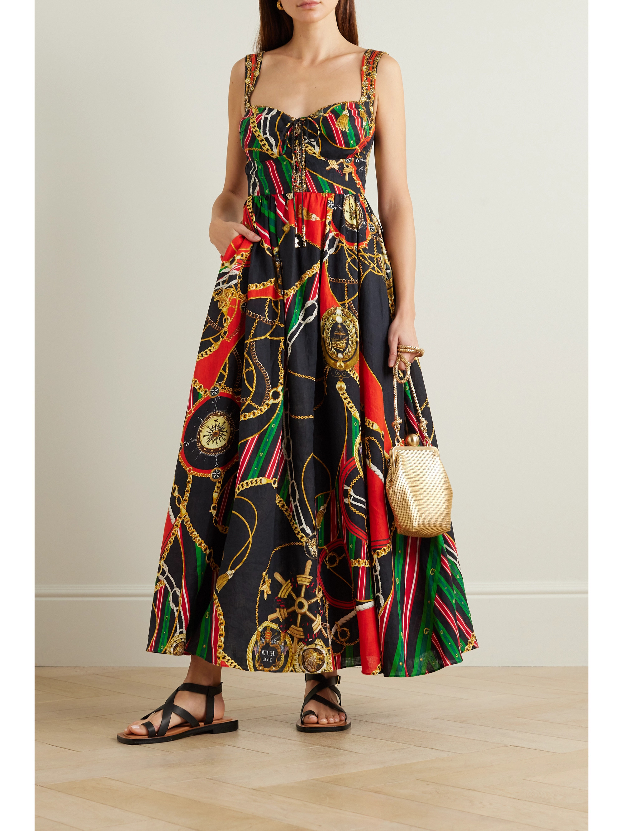 Camilla Embellished printed linen maxi dress