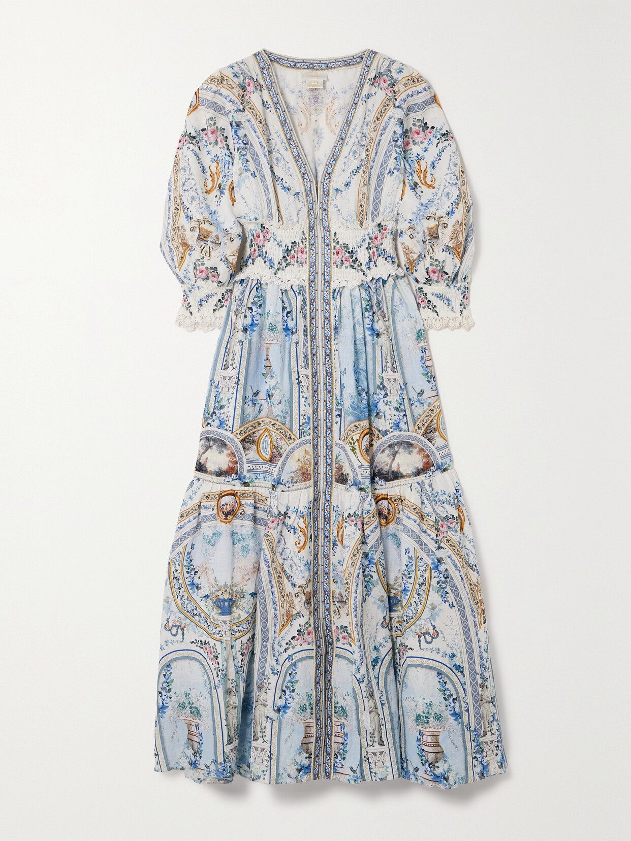 Shop Camilla Shirred Printed Linen Maxi Dress In Blue