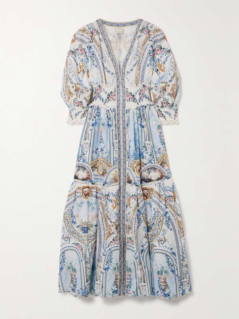 Camilla Shirred Printed Linen Maxi Dress