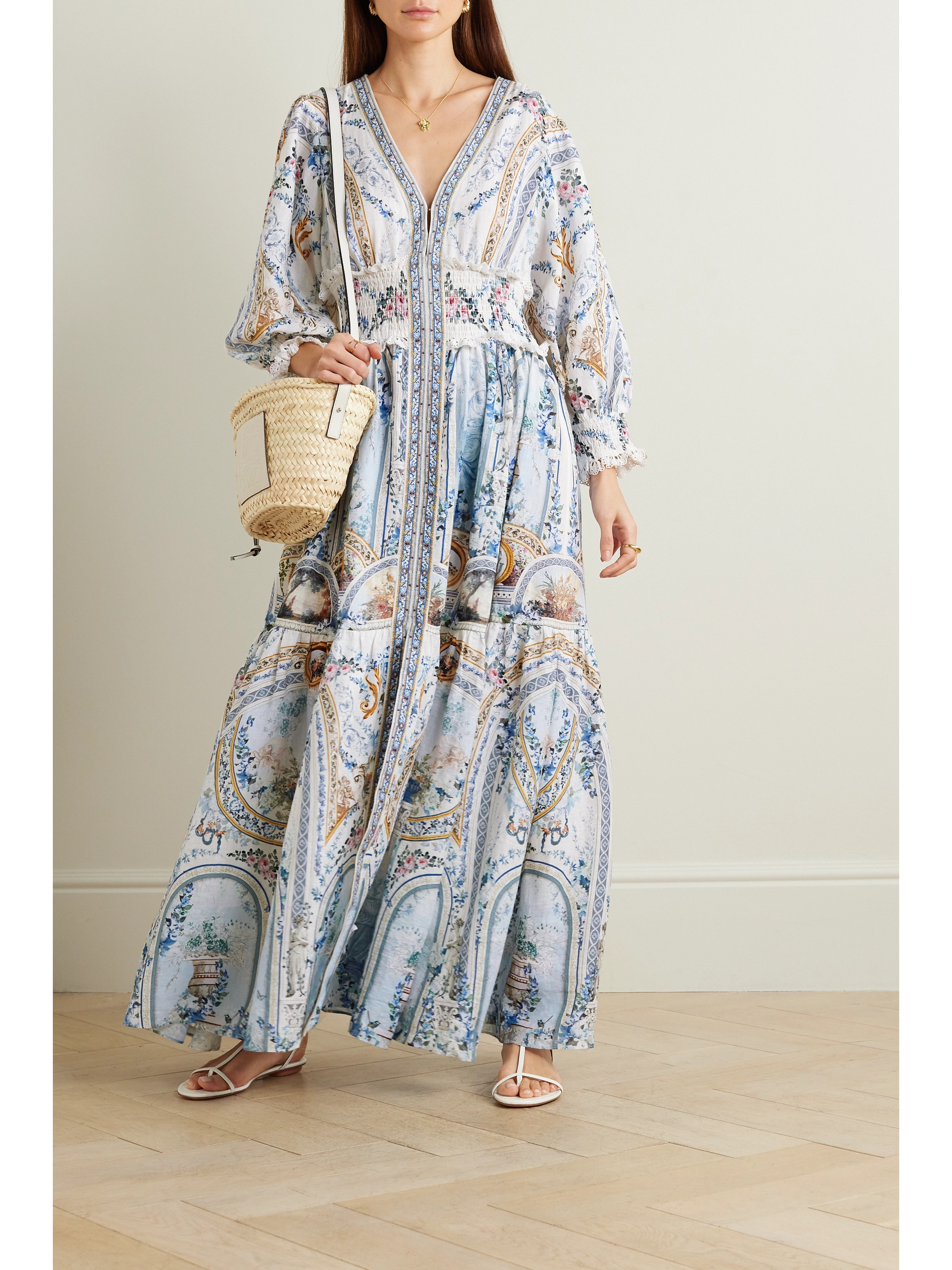 Camilla Shirred printed linen maxi dress