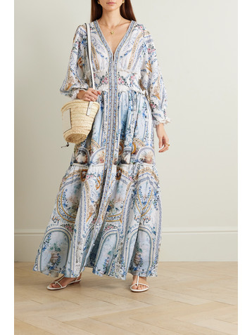 Camilla Shirred printed linen maxi dress