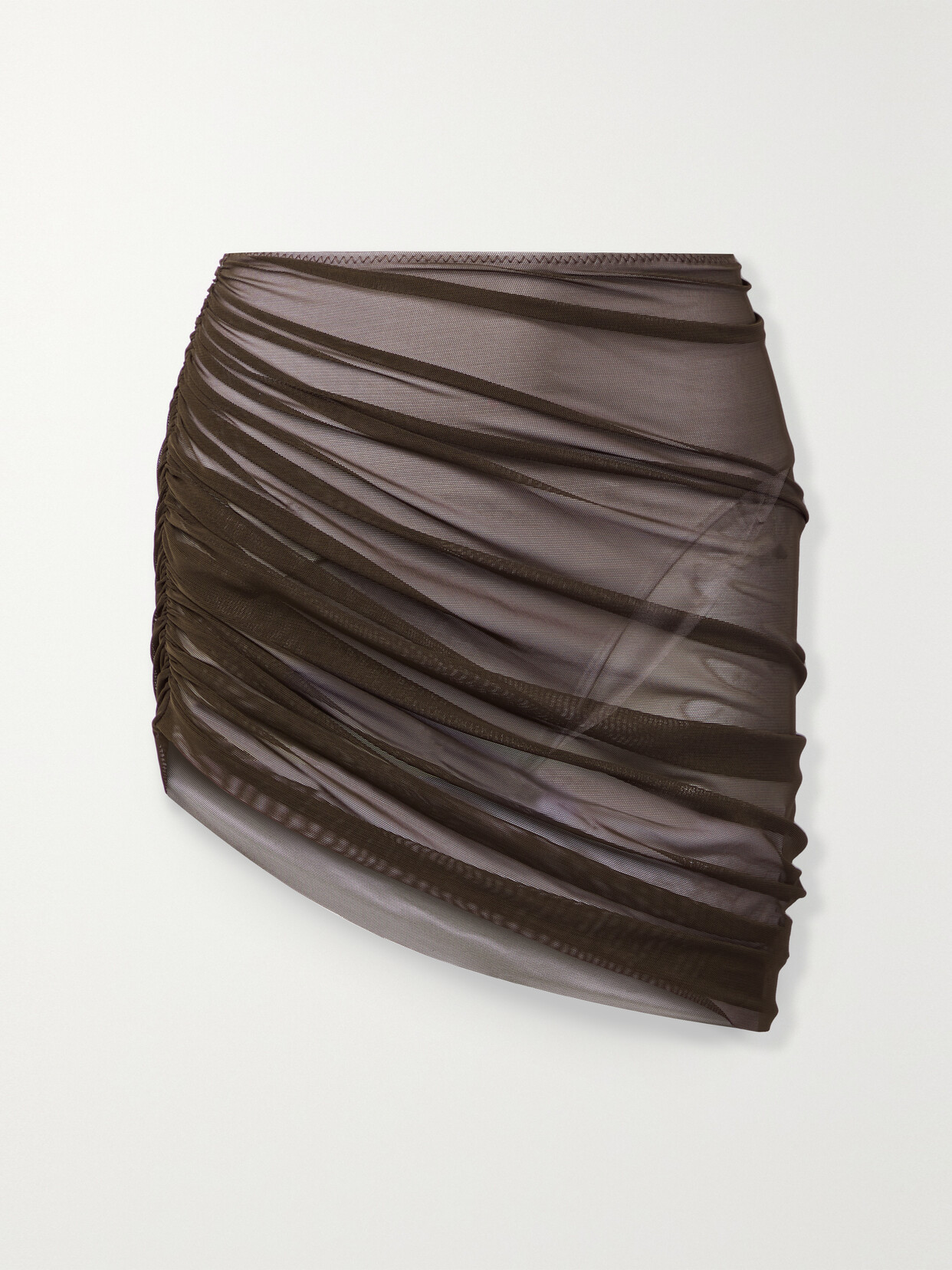 Norma Kamali Diana Asymmetric Ruched Stretch-mesh Skirt In Brown