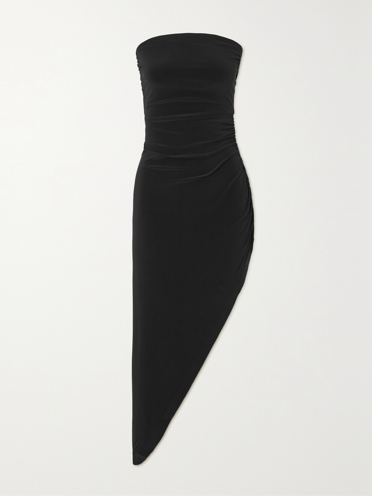 Shop Norma Kamali Strapless Asymmetric Ruched Stretch-jersey Dress In Black