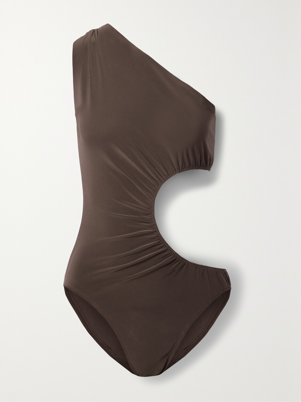 Norma Kamali Mio One-shoulder Cutout Swimsuit In Chocolate