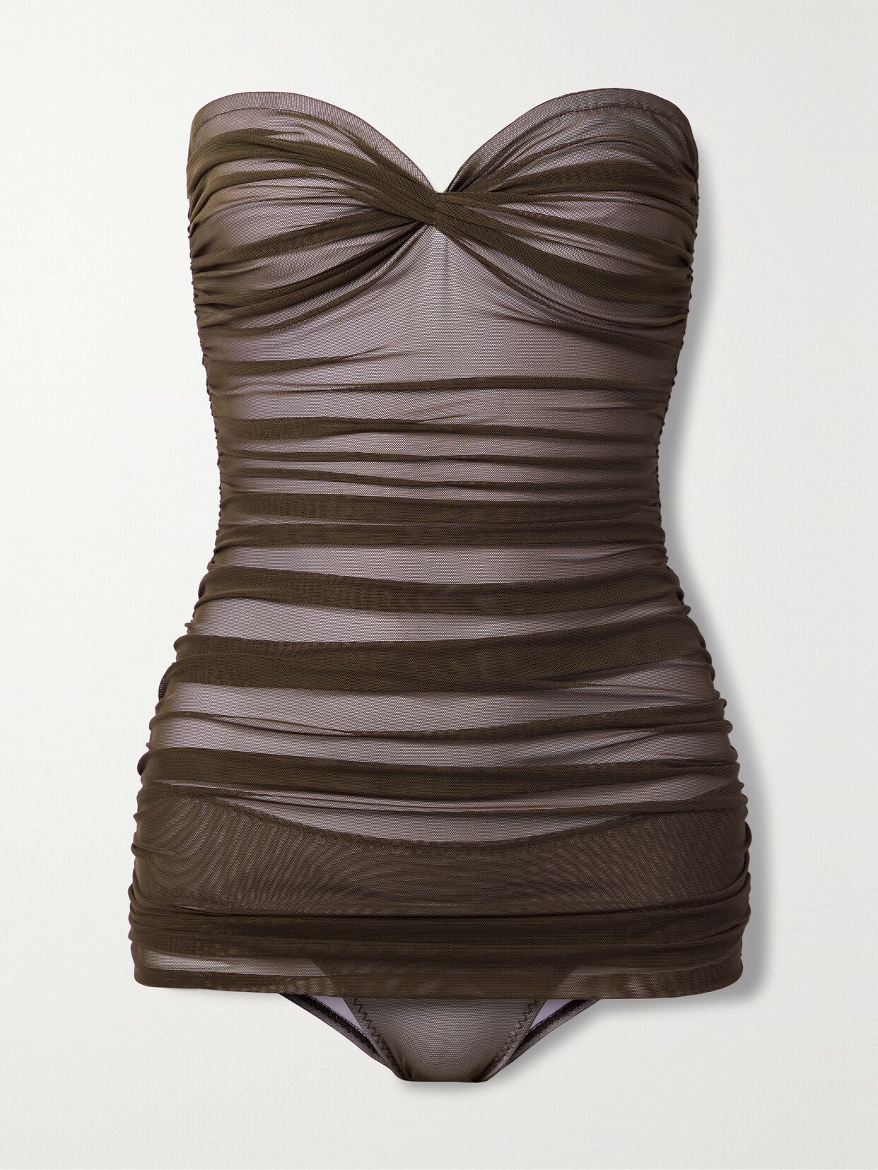 Norma Kamali - Walter Mio Strapless Ruched Stretch-tulle Swimsuit - Brown