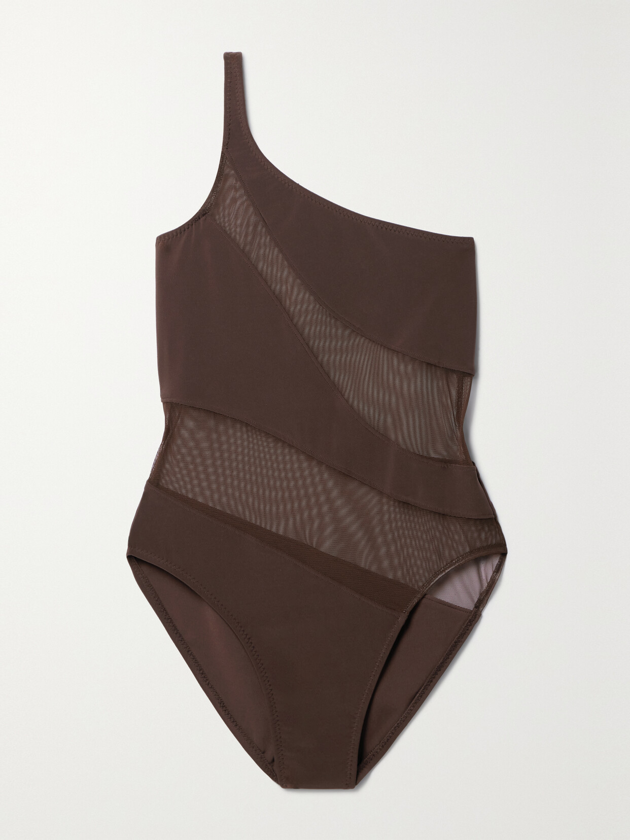 Shop Norma Kamali Snake One-shoulder Mesh-paneled Swimsuit In Brown