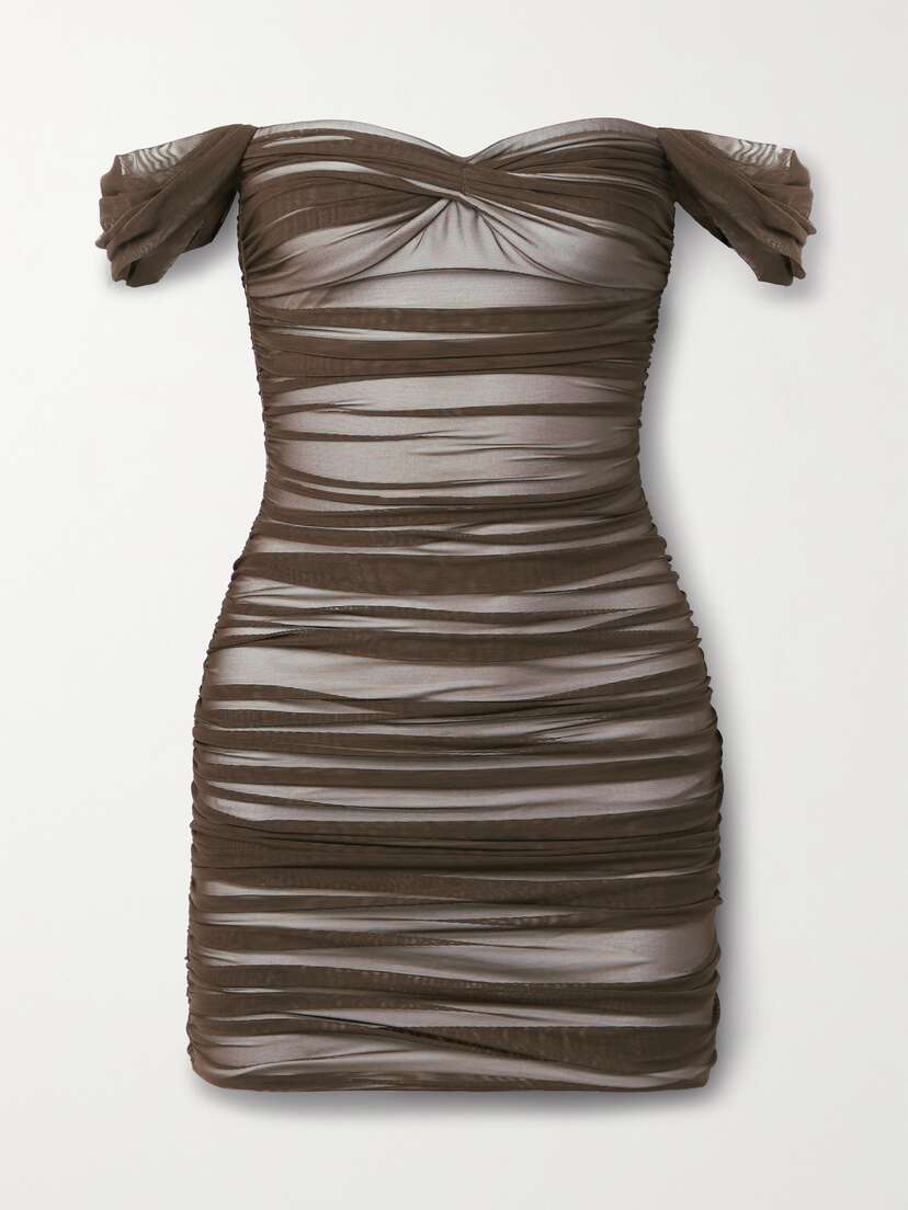 Norma Kamali Walter Off-the-shoulder Ruched Stretch-mesh Mini Dress - x large
