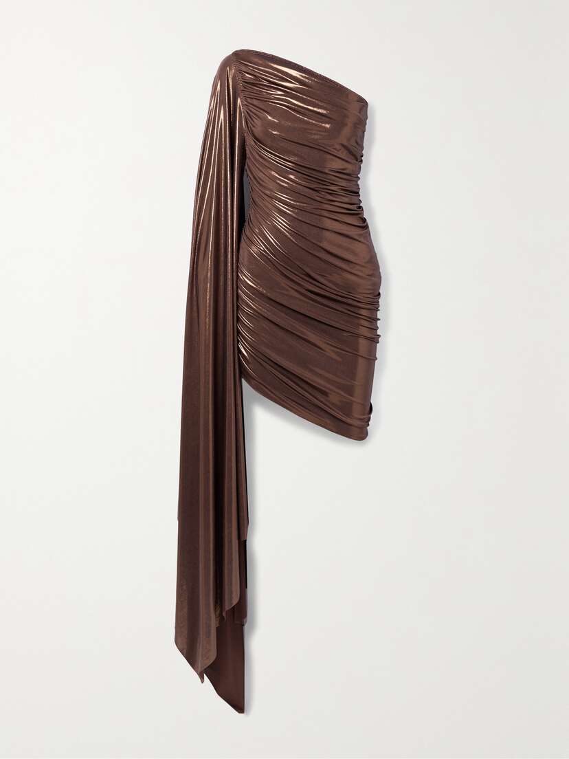 Norma Kamali Diana Pickleball One-sleeve Draped Ruched Stretch-lamé Mini Dress - x large