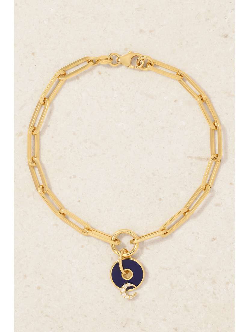 Foundrae Crescent Karma Medium Belcher 18-karat Gold, Diamond And Emamel Bracelet