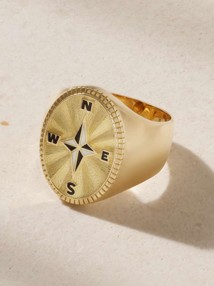 Foundrae Internal Compass 1-karat Gold And Enamel Signet Ring