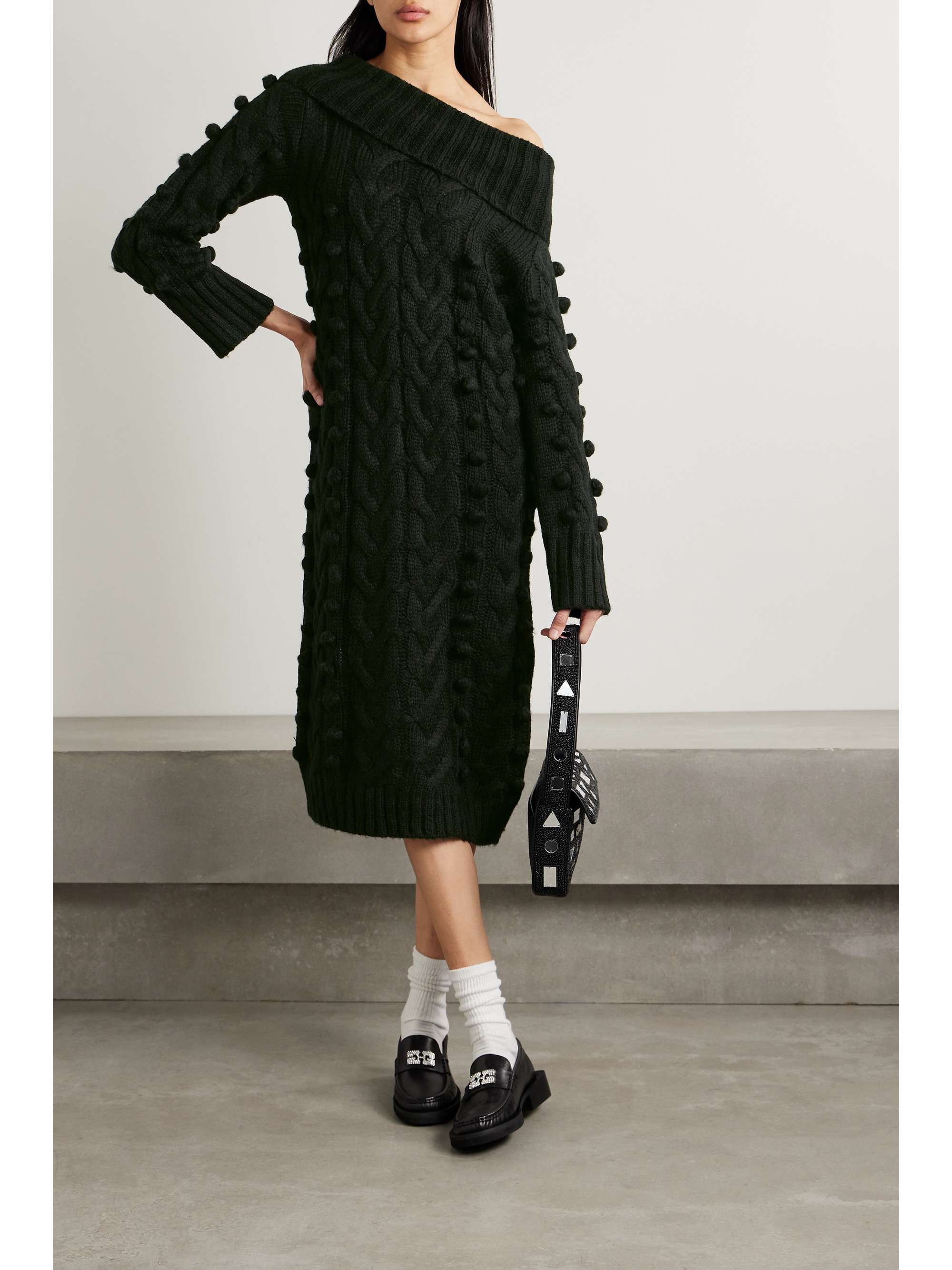 FARM RIO Pom pom-embellished cable-knit turtleneck sweater dress