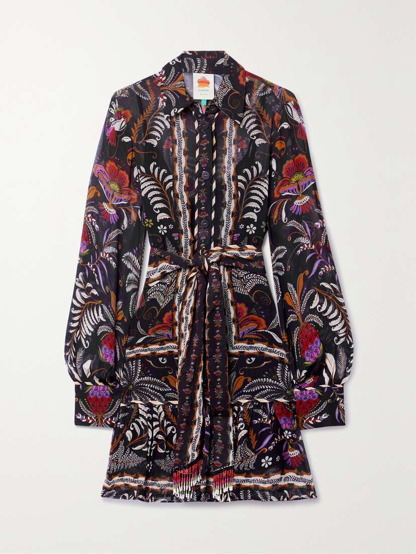 Farm Rio Belted Ruffled Printed Georgette Mini Shirt Dress - x large