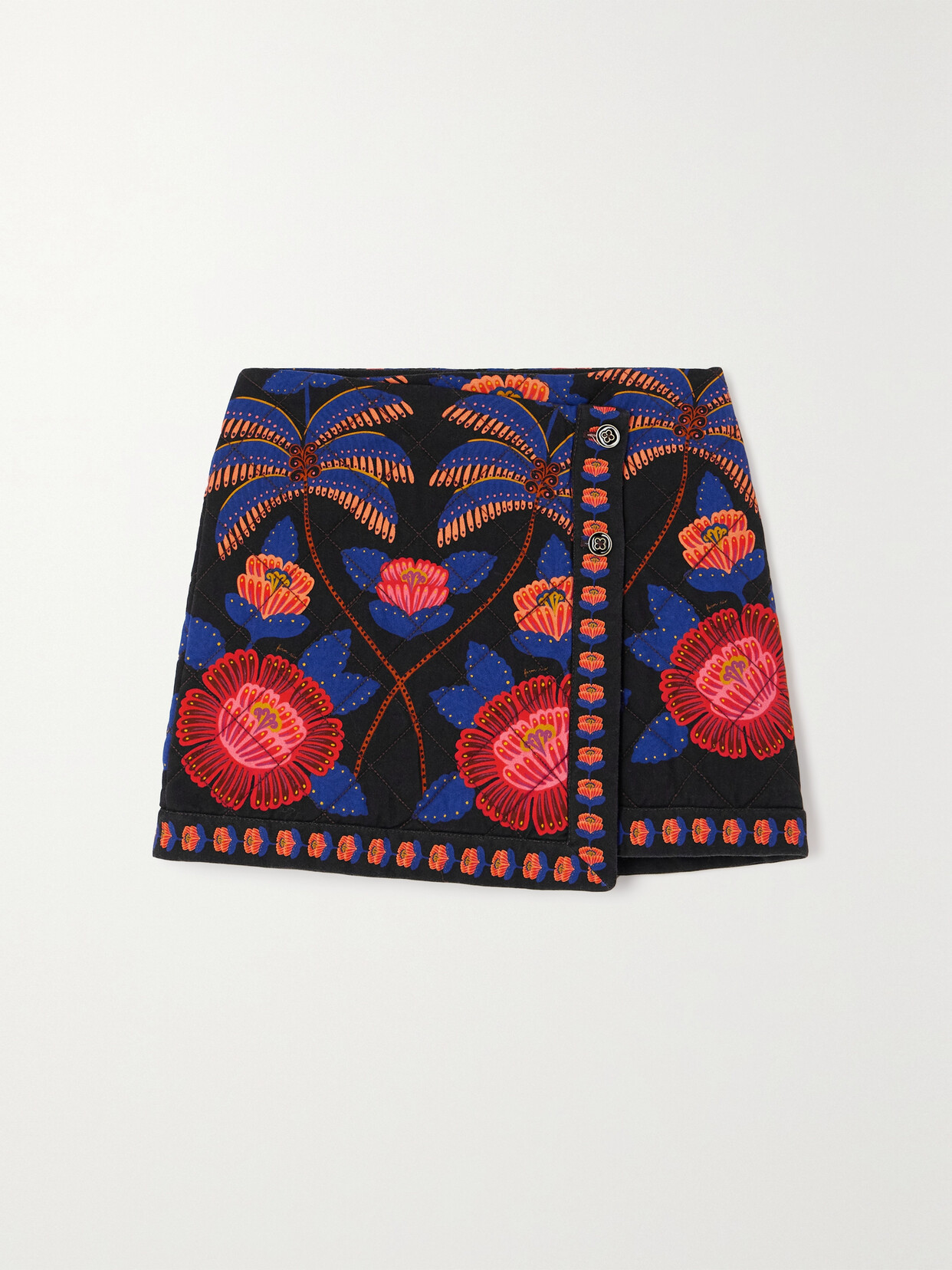 Shop Farm Rio Living Bloom Floral-print Cotton-twill Mini Wrap Skirt In Black