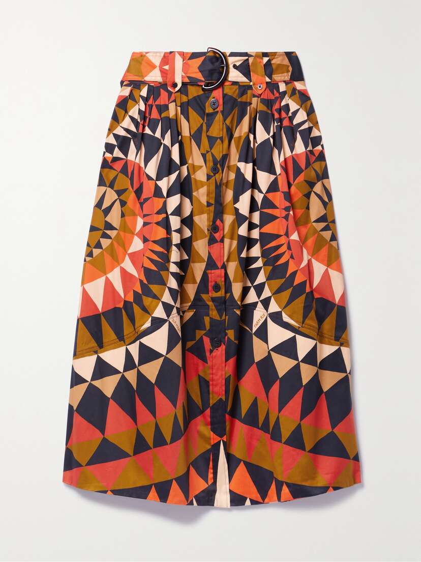 Farm Rio Belted Pleated Printed Cotton-blend Poplin Midi Skirt - x large