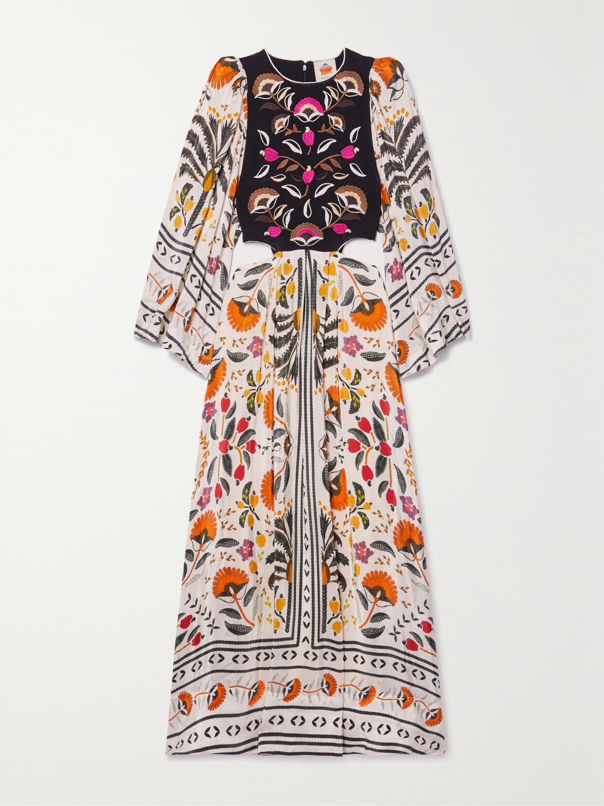 Farm Rio Cutout Embroidered Printed Crepe De Chine Maxi Dress In White