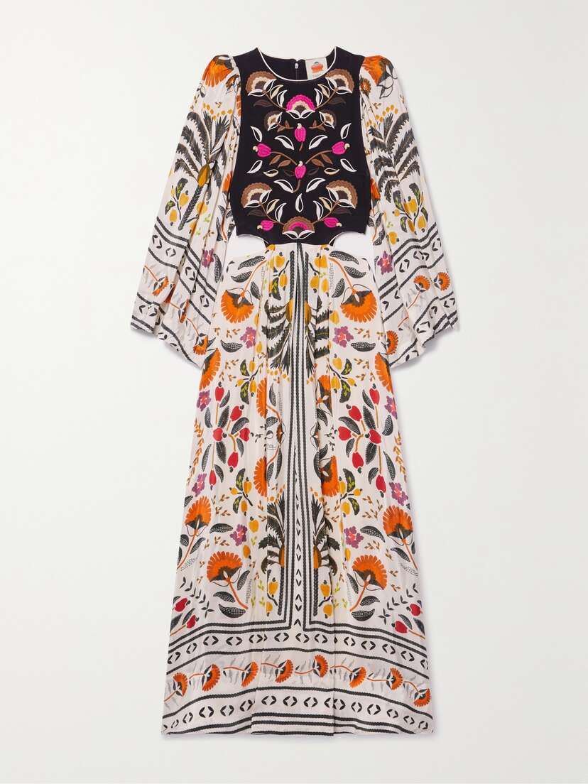 Farm Rio Cutout Embroidered Printed Crepe De Chine Maxi Dress - x large