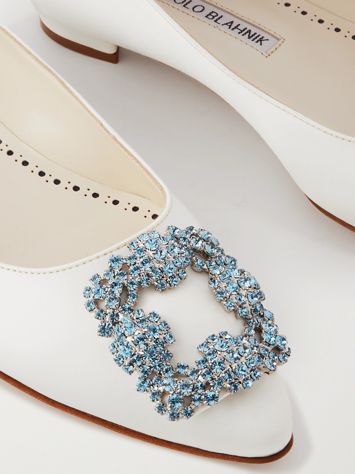 Shop Manolo Blahnik Hangisiflat Crystal-embellished Satin Point-toe Flats In White