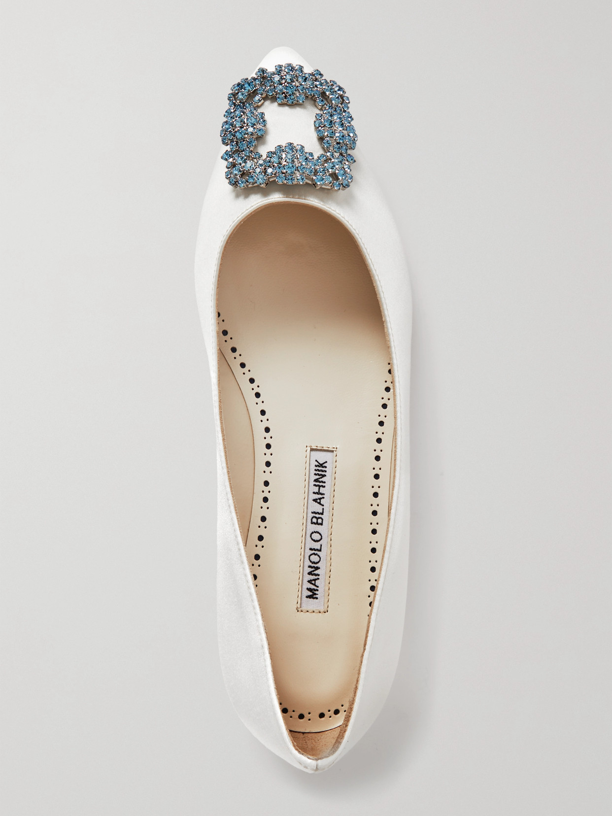 Shop Manolo Blahnik Hangisiflat Crystal-embellished Satin Point-toe Flats In White