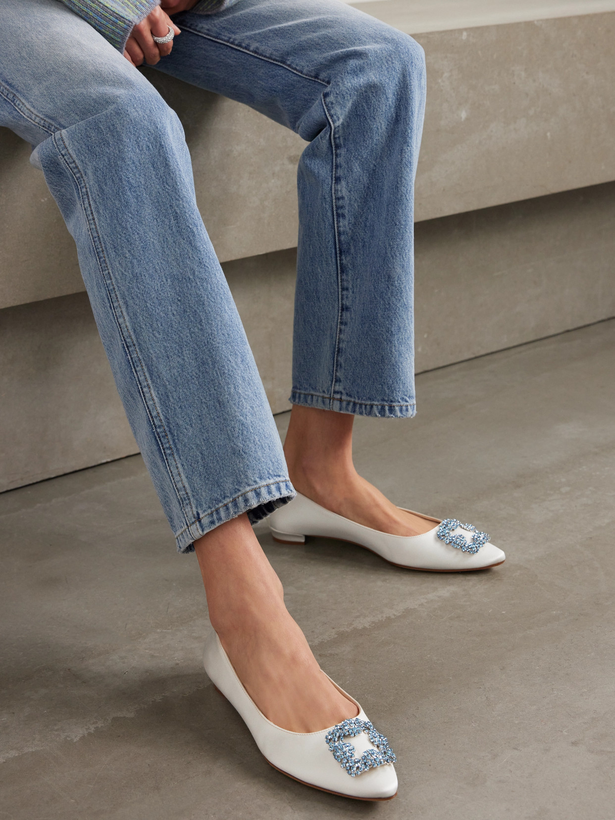 Shop Manolo Blahnik Hangisiflat Crystal-embellished Satin Point-toe Flats In White