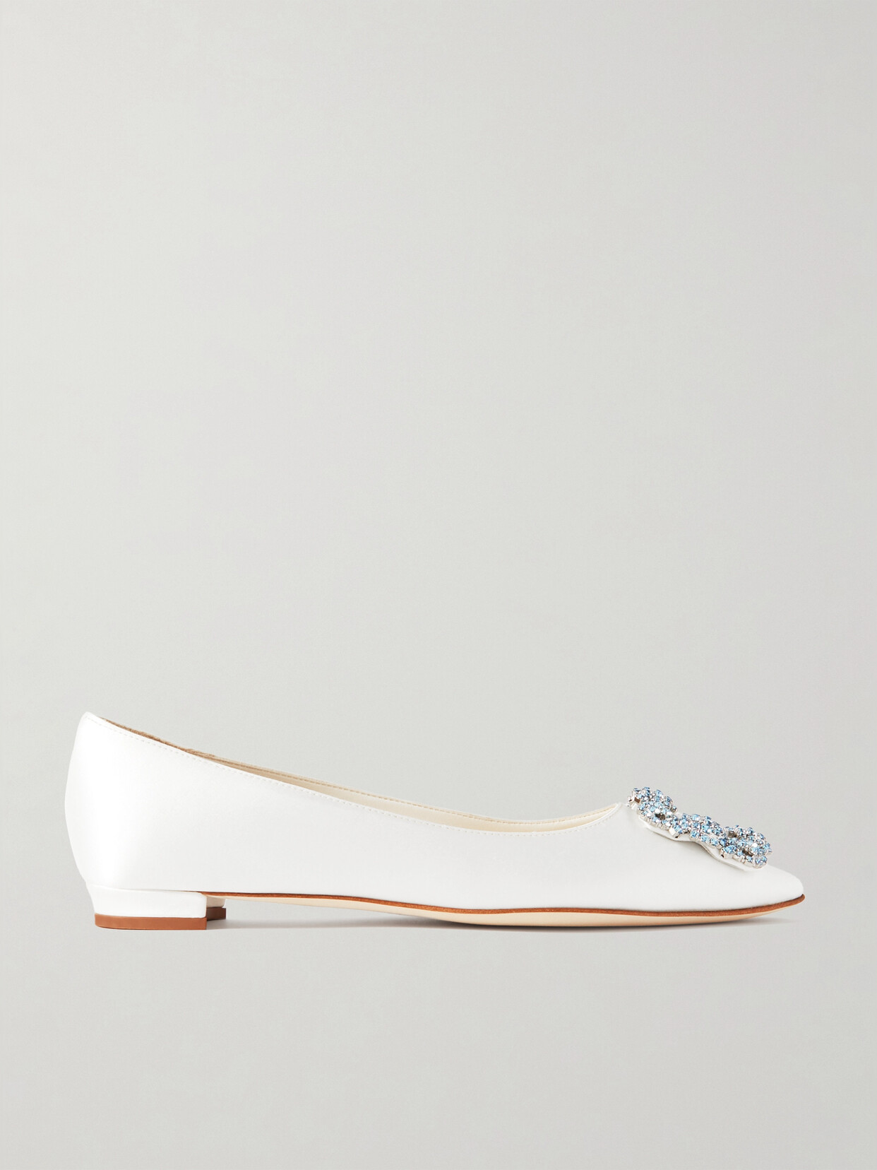 Shop Manolo Blahnik Hangisiflat Crystal-embellished Satin Point-toe Flats In White