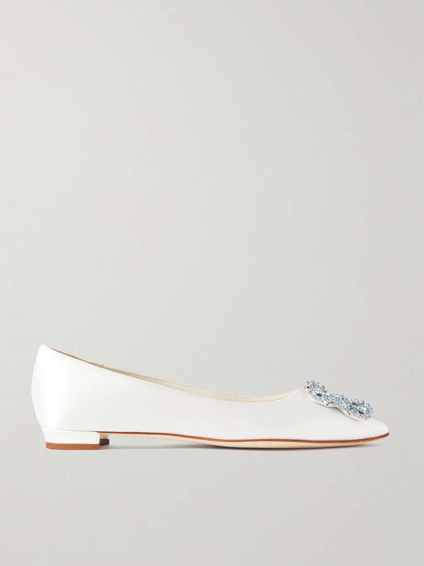 Manolo Blahnik Hangisiflat Crystal-embellished Satin Point-toe Flats