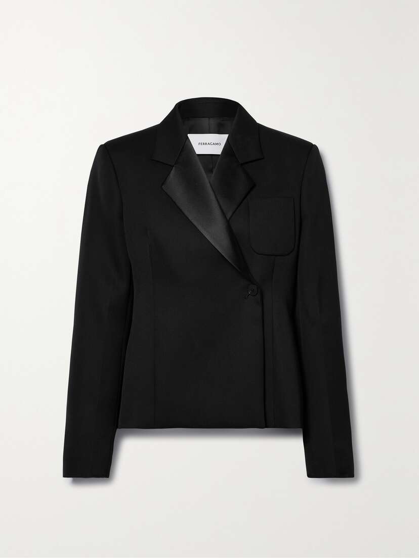 Ferragamo Double-breasted Satin-trimmed Grain De Poudre Wool Blazer
