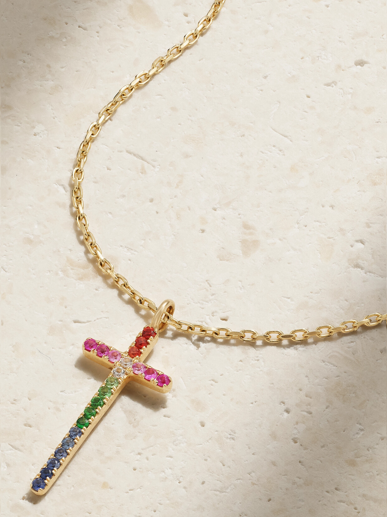 Diane Kordas - Mini Cross 14-karat Gold Sapphire And Tsavorite Necklace - One size