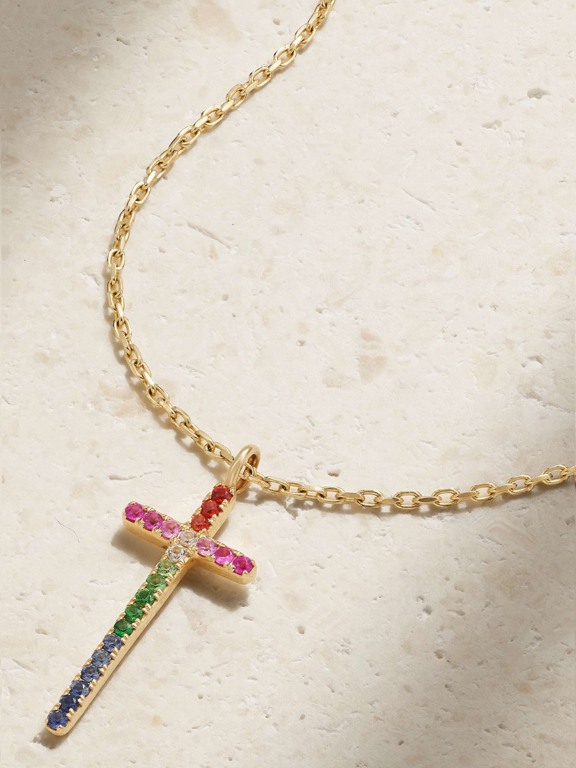 DIANE KORDAS Mini Cross 14 karat gold sapphire and tsavorite necklace NET A PORTER