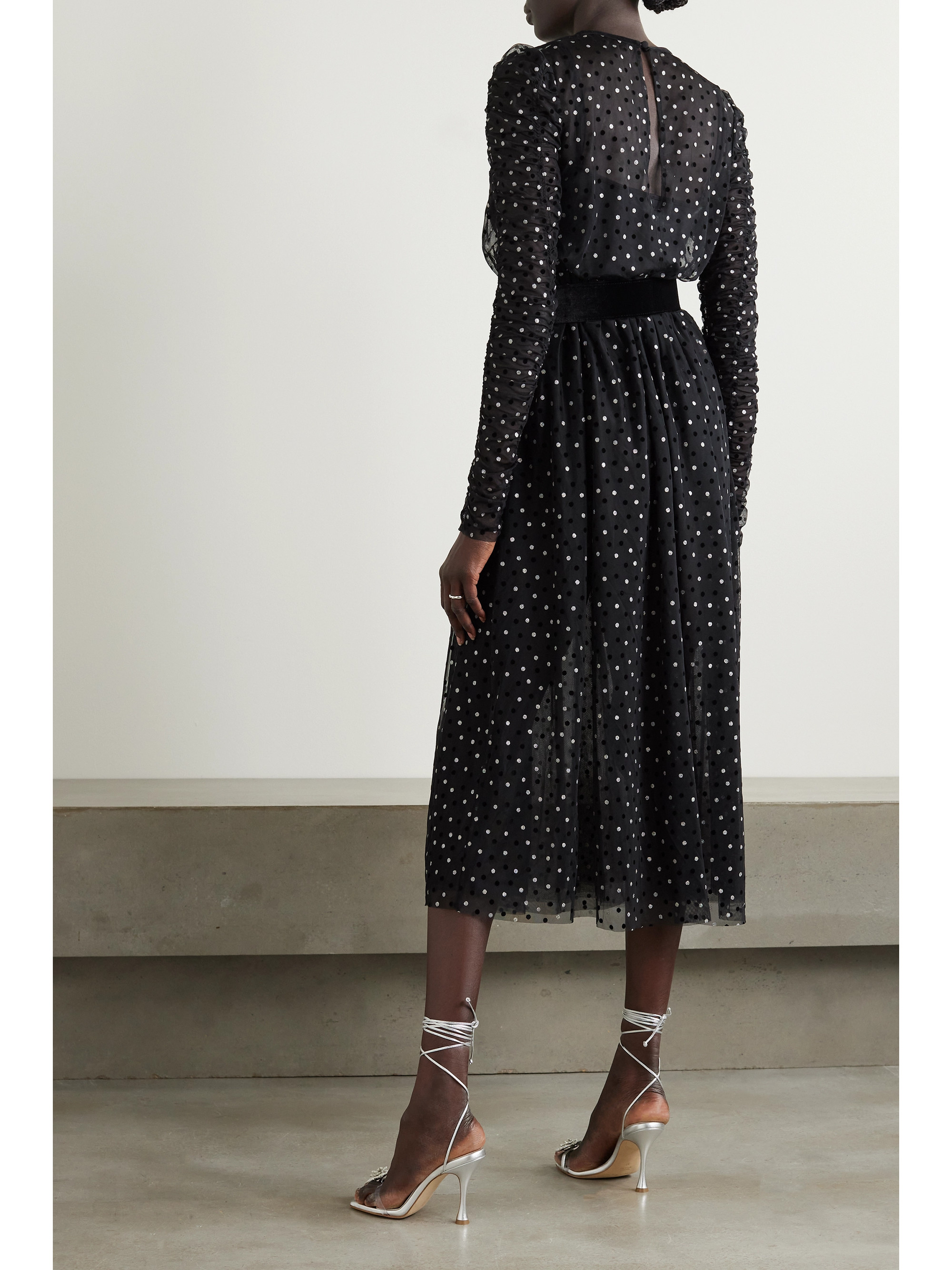Rebecca Vallance Whitney belted metallic polka-dot flocked tulle dress