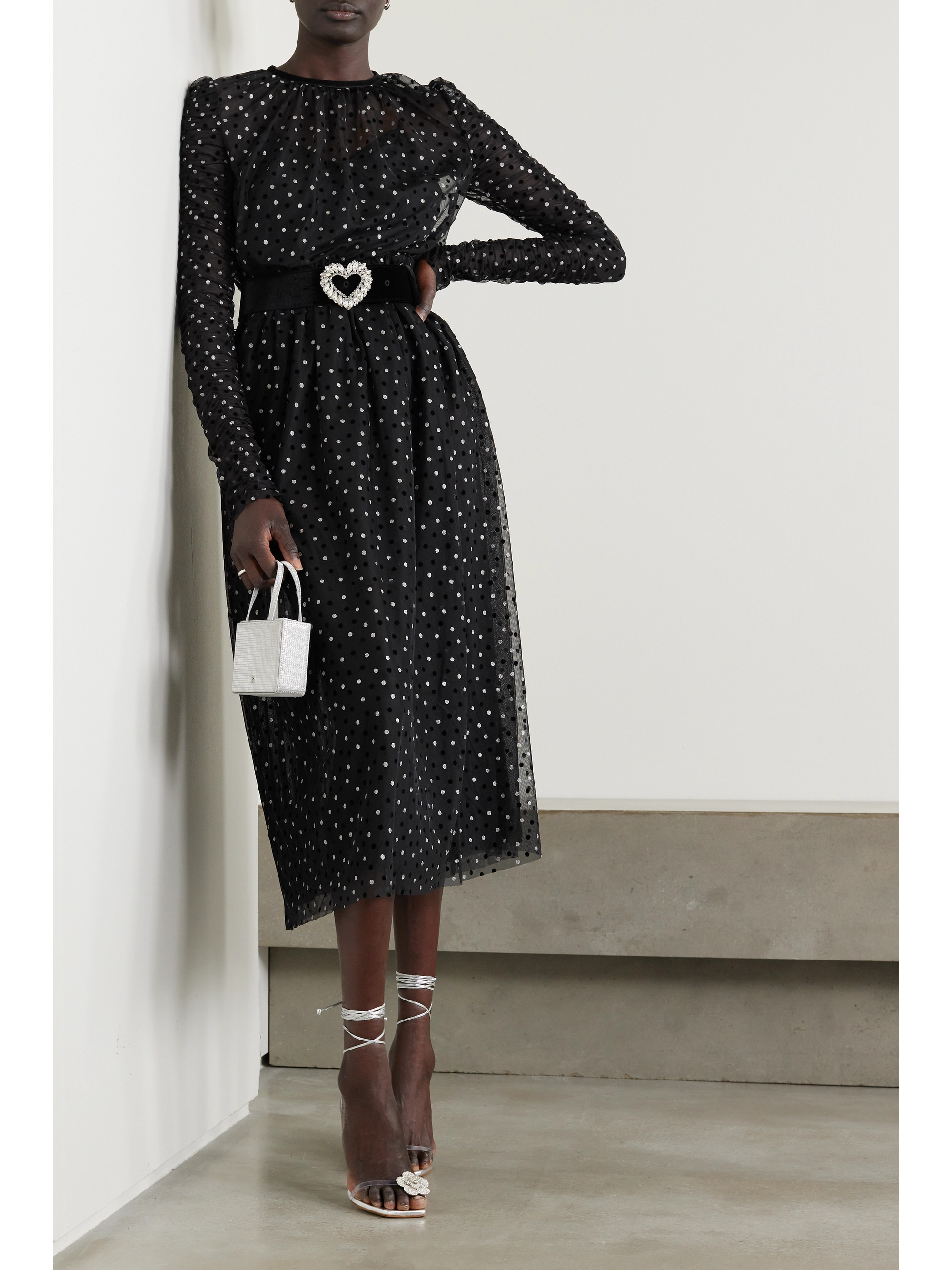 Rebecca Vallance Whitney belted metallic polka-dot flocked tulle dress