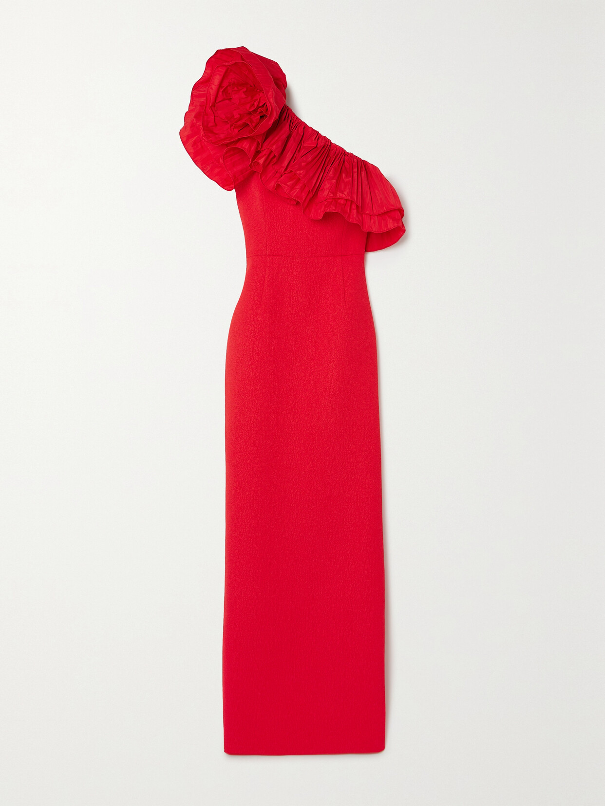 Shop Rebecca Vallance Chiara One-shoulder Ruffled Taffeta-trimmed Cloqué Gown In Red