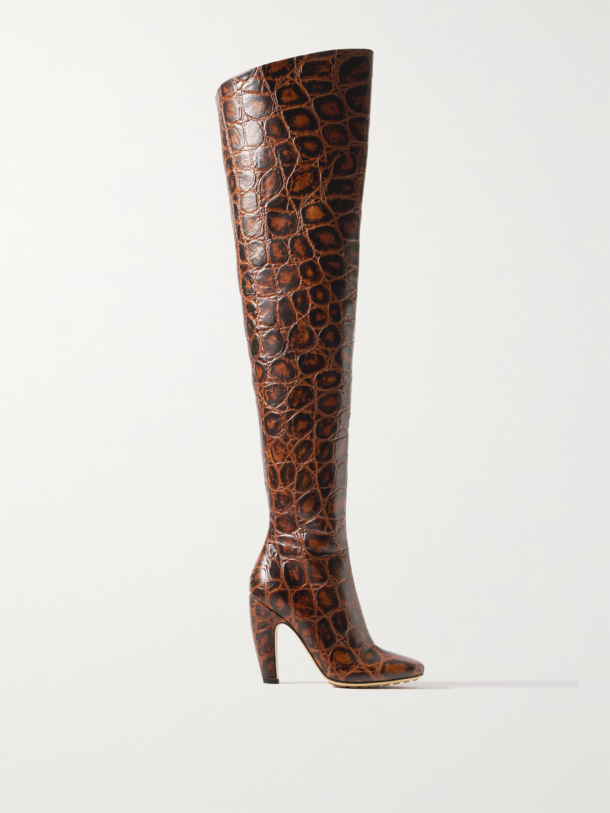 Bottega Veneta Canalazzo Croc-effect Leather Over-the-knee Boots In Brown