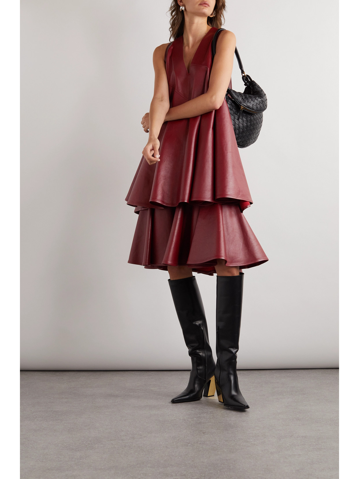 Shop Bottega Veneta Gathered Leather Midi Skirt In Red