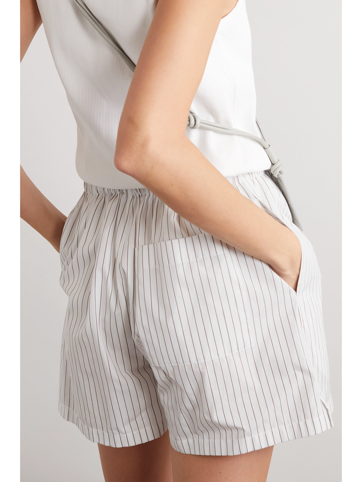 Shop Bottega Veneta Pinstriped Cotton-poplin Shorts In White