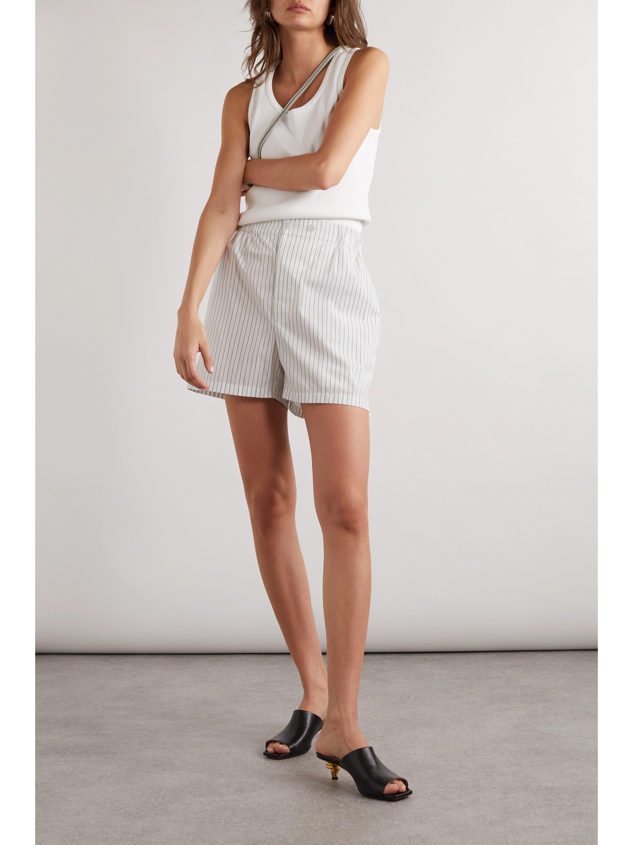 Shop Bottega Veneta Pinstriped Cotton-poplin Shorts In White