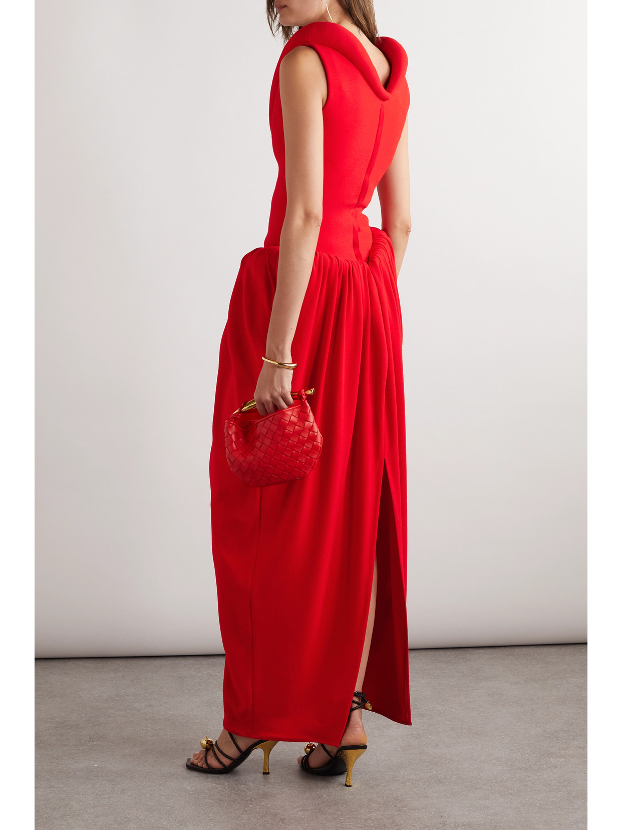 Shop Bottega Veneta Gathered Bouclé Maxi Dress In Red