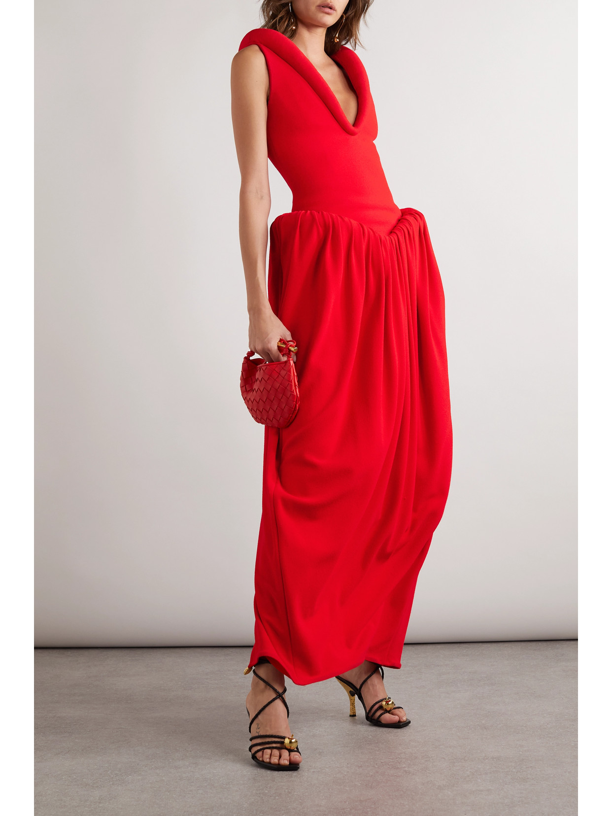 Shop Bottega Veneta Gathered Bouclé Maxi Dress In Red