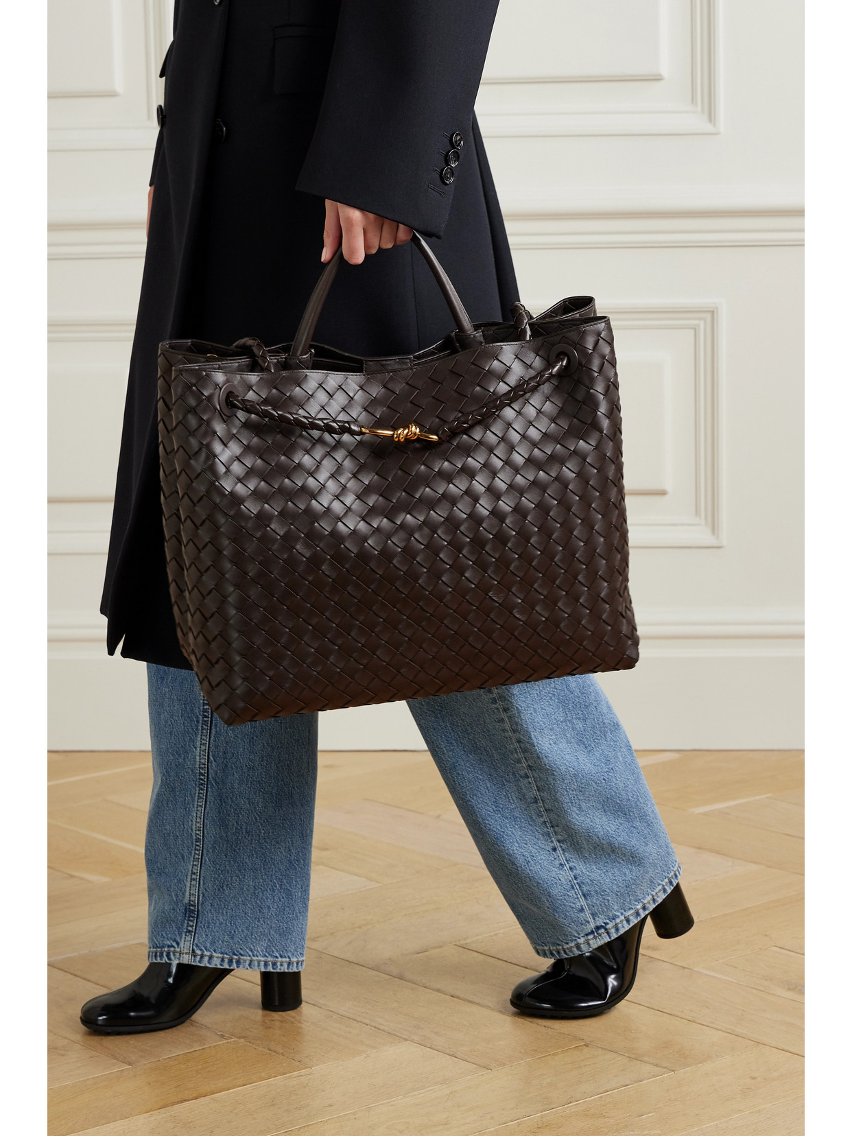 Bottega Veneta Andiamo Embellished Intrecciato Leather Tote In Brown