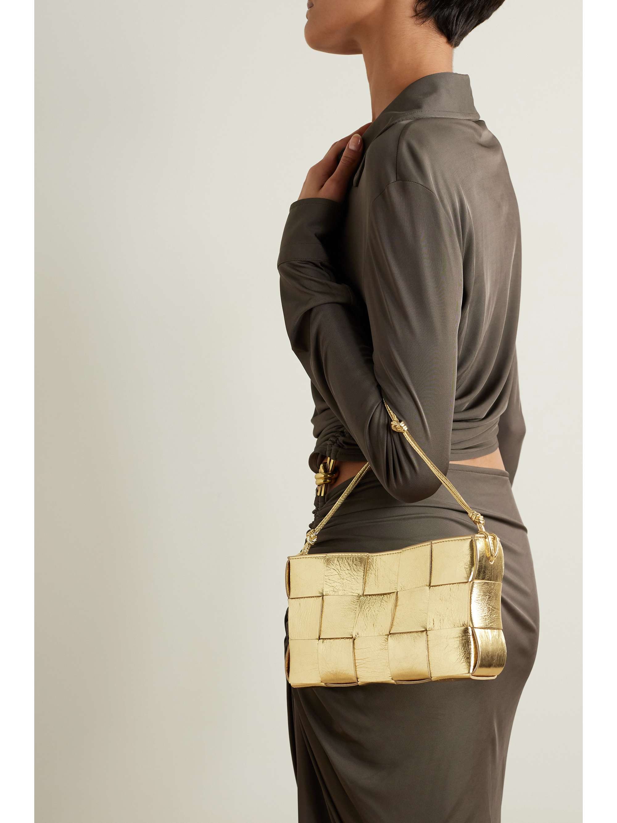 BOTTEGA VENETA Mini Cassette metallic intrecciato leather shoulder