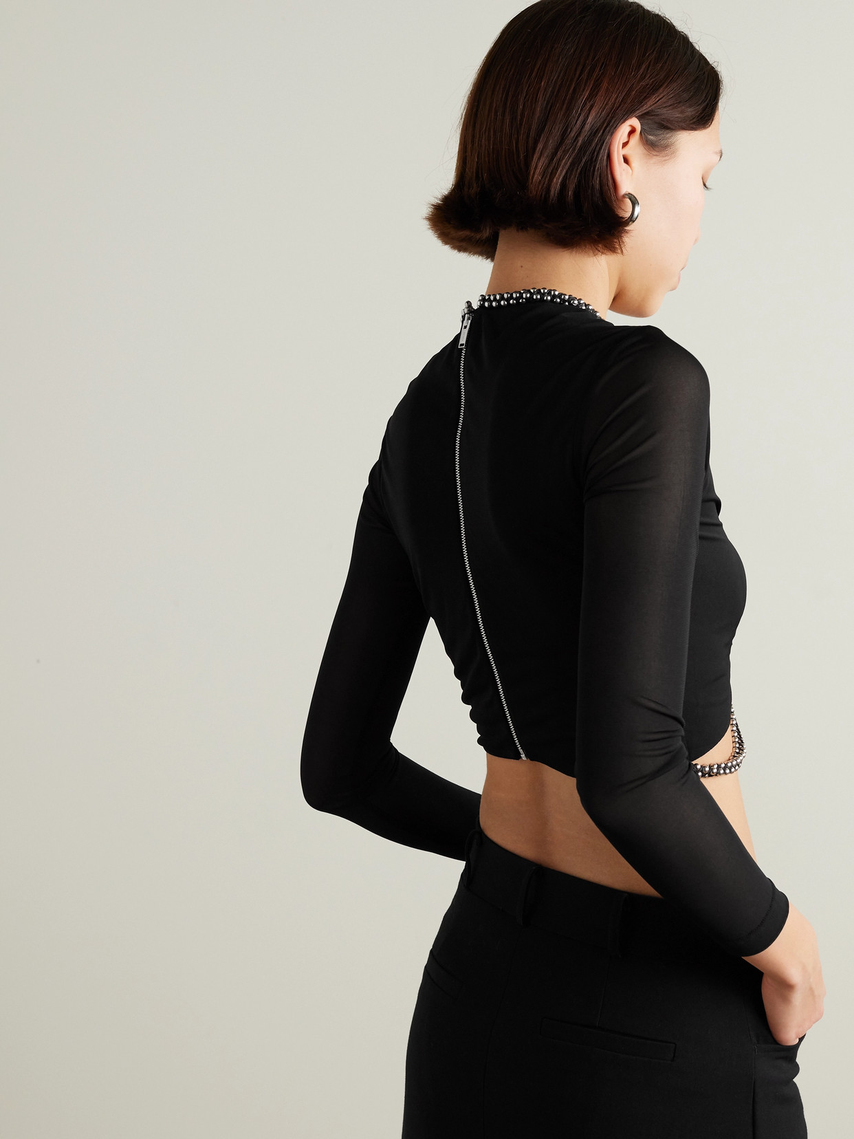 DION LEE BARBALL CUTOUT BEAD-EMBELLISHED MESH TOP