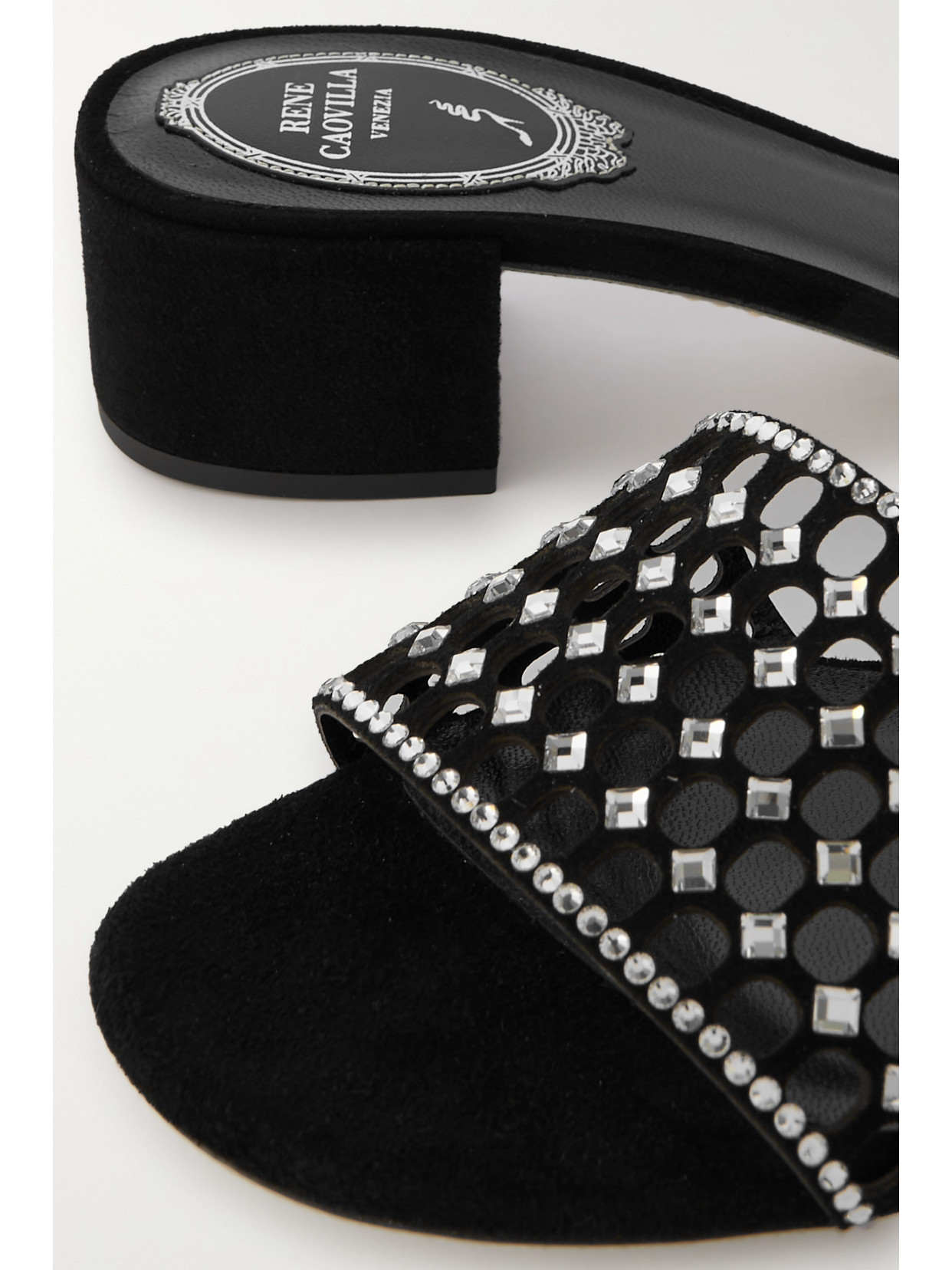 Shop René Caovilla Cutout Crystal-embellished Suede Mules In Black