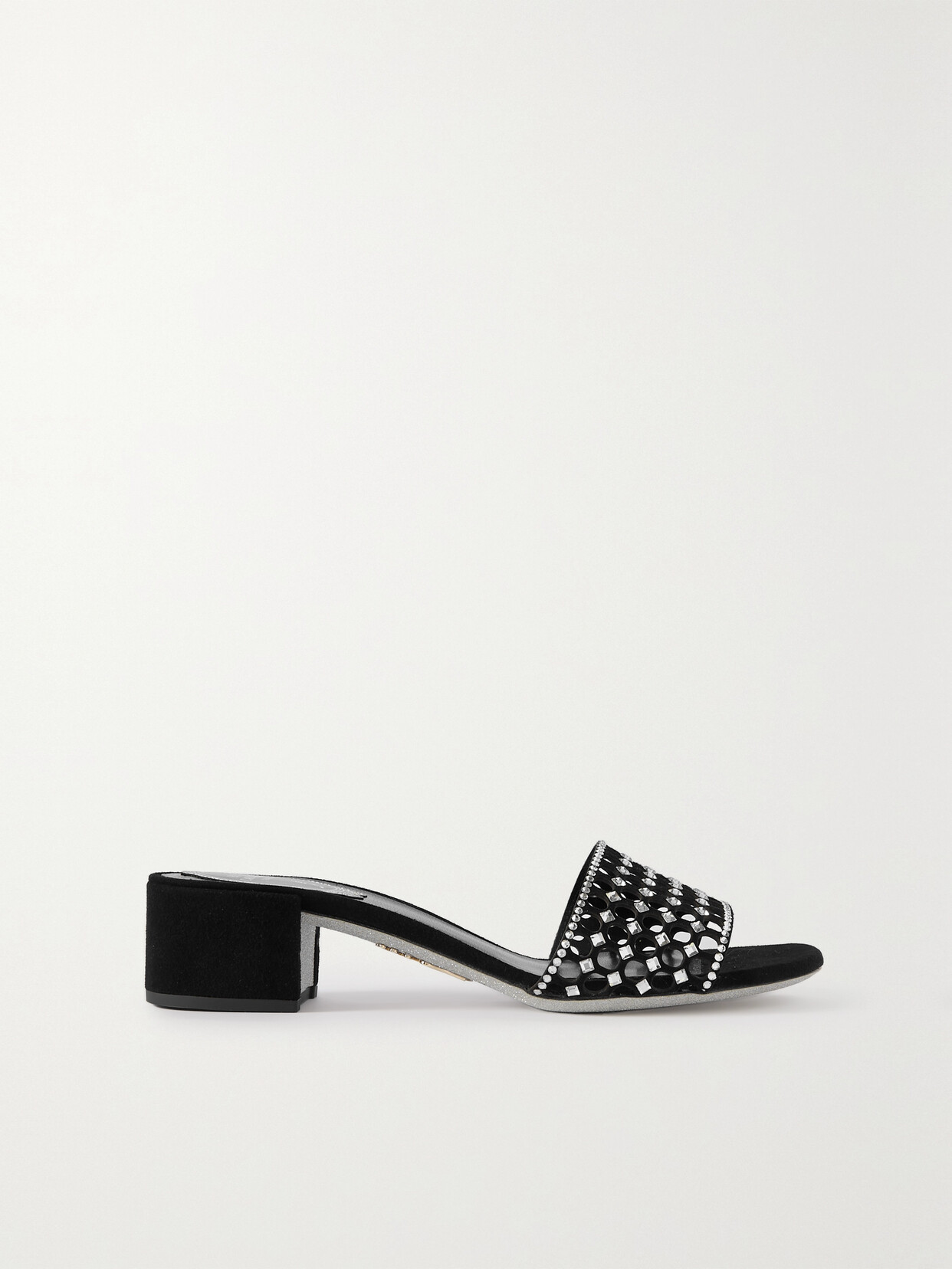 Shop René Caovilla Cutout Crystal-embellished Suede Mules In Black