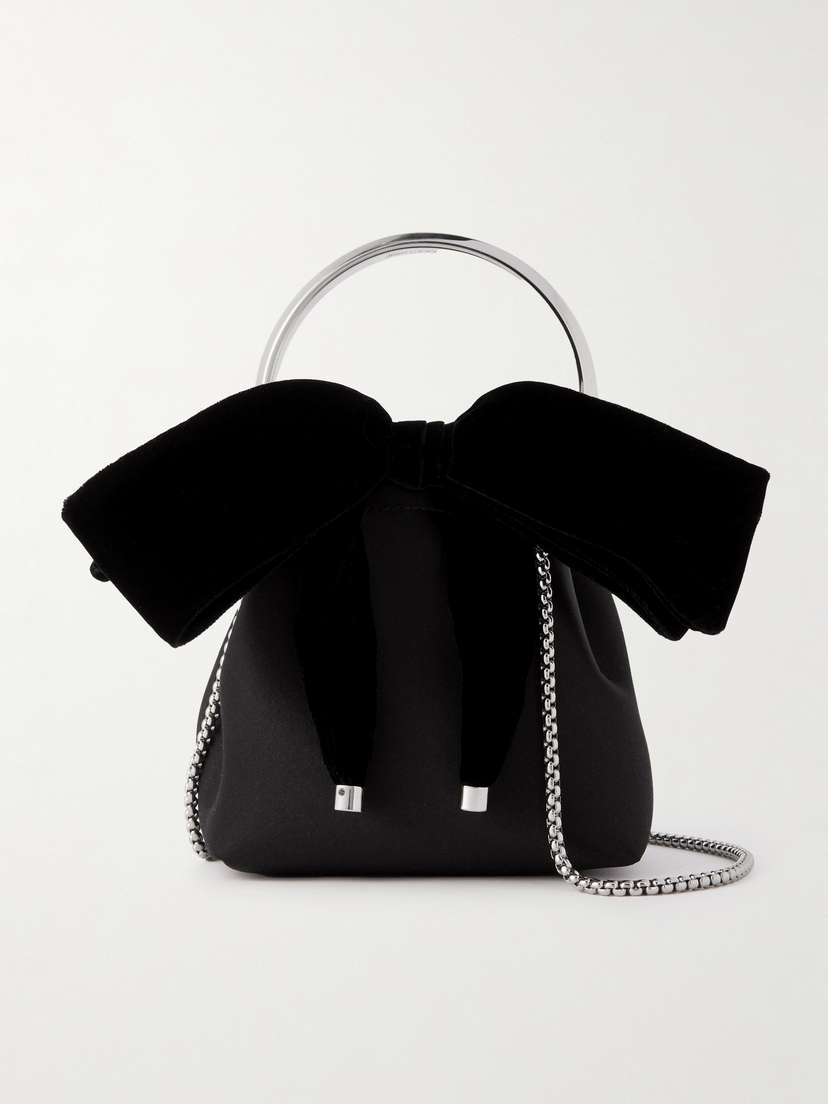 Jimmy Choo Bon Bon Bow-embellished Velvet-trimmed Satin Bucket Bag